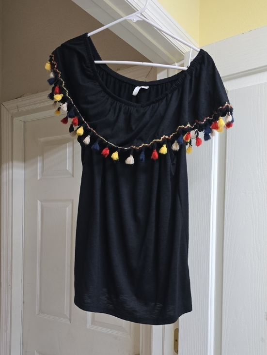 C Est. 1946 Tops - Women’s Black Off-Shoulder Tassel Trim Tunic